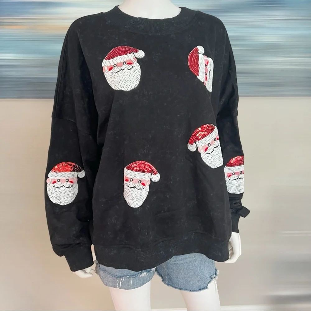 Black acid wash oversized sequin Santa top XL, 2XL - Picture 5 of 9